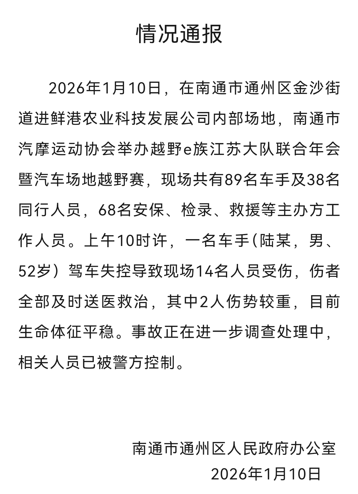 江苏南通通州区：一越野赛车手驾车失控致14伤