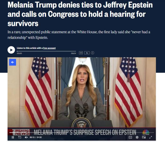 美国第一夫人发声明：否认与爱泼斯坦及其罪行有任何关联