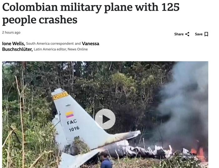 哥伦比亚一载有125人军机坠毁 已有数十人获救