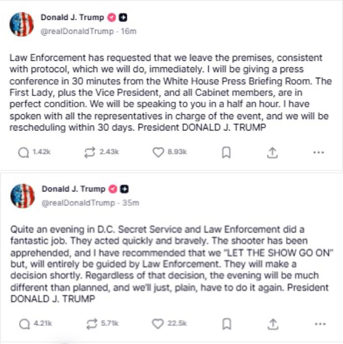 特朗普连发两帖报平安：第一夫人、副总统及所有内阁成员都没受伤