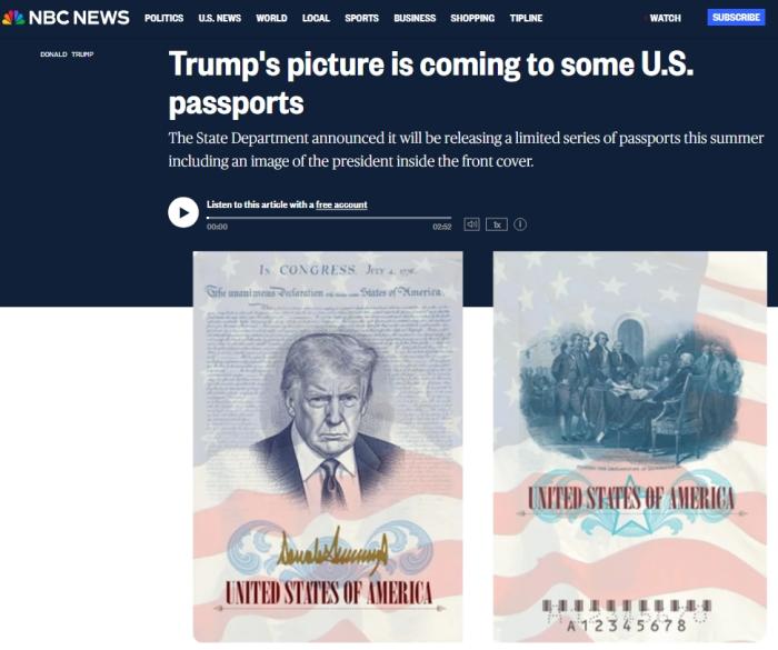 印上特朗普肖像 美国务院将发行限量版护照