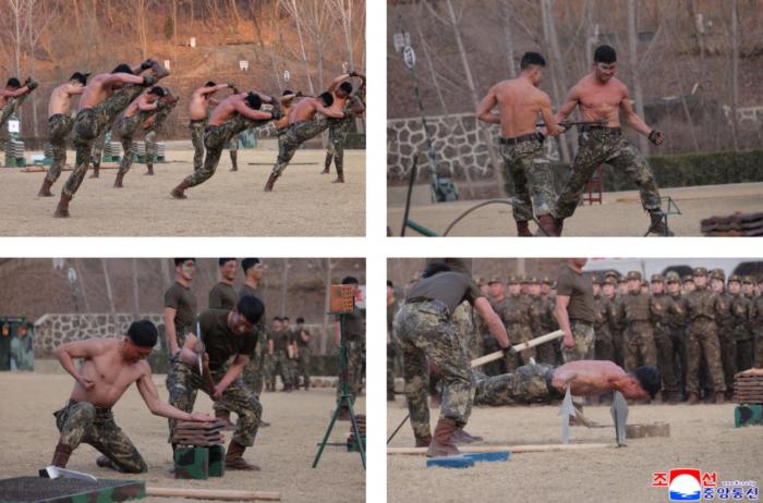 金正恩观摩士兵徒手碎砖、胸口碎大石